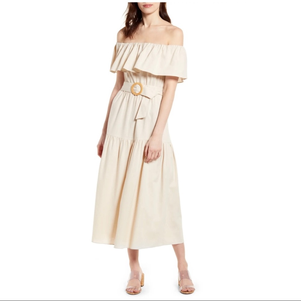 NWT Belted Off The Shoulder Midi Dress Beige